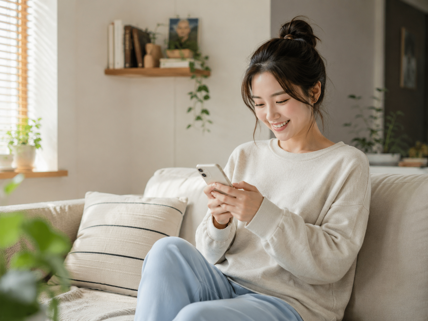 카드깡 고객이 스마트폰으로 상담 문의를 시작하는 장면