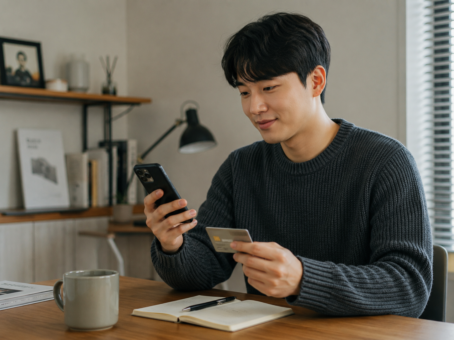 카드깡 고객이 카드와 스마트폰으로 조건을 확인하는 장면
